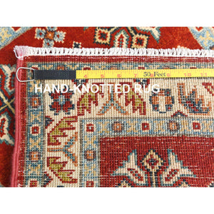2'x3' Chili Red, Hand Knotted Special Kazak with Geometric Design, Natural Dyes, Pure Wool, Oriental, Mat Rug FWR497634