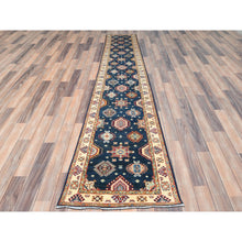 Load image into Gallery viewer, 3&#39;x18&#39;6&quot; Yale Blue, Soft Wool Hand Knotted, Special Kazak with Geometric Pattern Natural Dyes, XL Runner Oriental Rug FWR497676