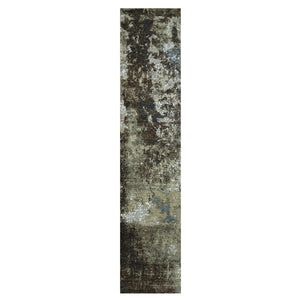 2'6"x12'1" Brown, Hand Knotted Abstract Design, Persian Knot All Wool Runner Oriental Rug FWR498156