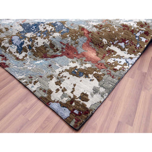 11'10"x18'3" Gray Abstract Design, Hand Knotted with Densely Woven, Persian Knot Pure Wool Oversized Oriental Rug FWR498228