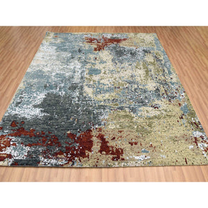8'5"x8'5" Parchment Color, Hand Knotted Abstract Design, Dense Weave Persian Knot, Soft Wool, Square Oriental Rug FWR498450