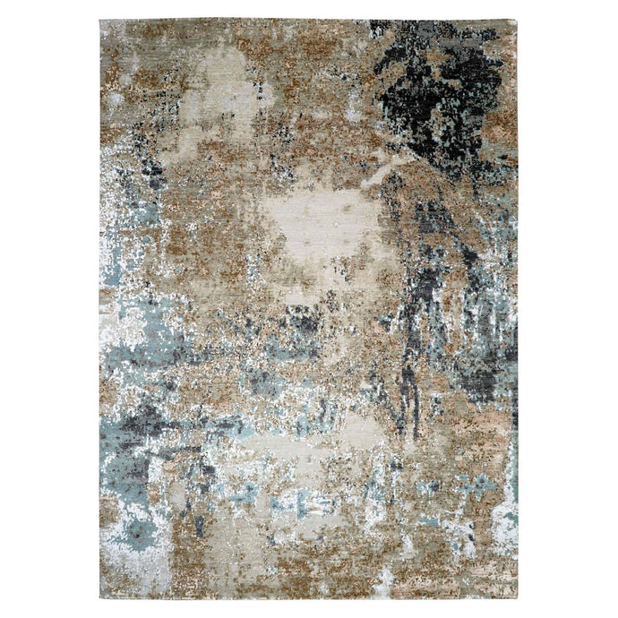 10'x14' Bone White, Persian Knot Organic Wool, Hand Knotted Abstract Design, Dense Weave, Oriental Rug FWR498462