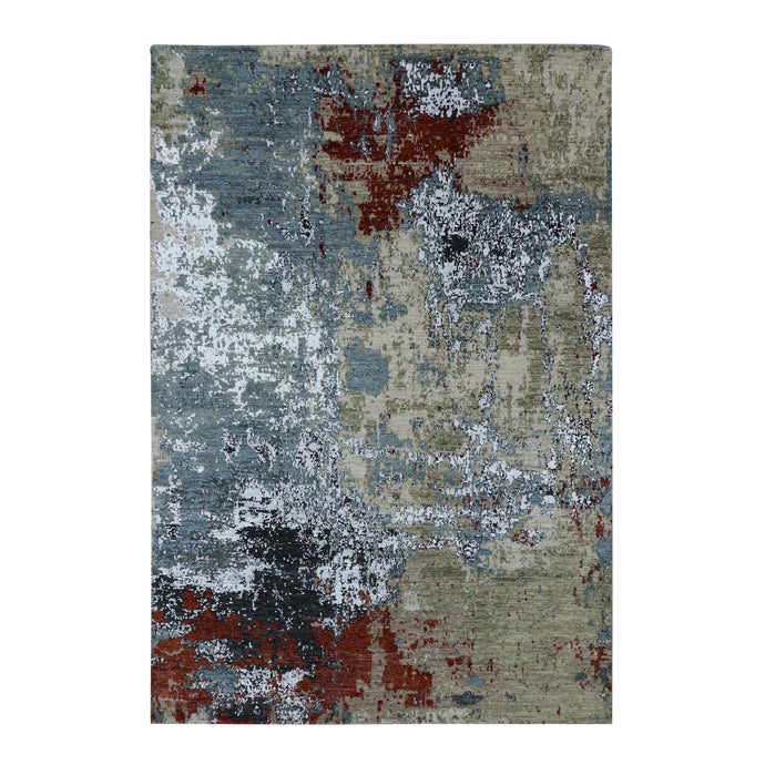 6'1x9' Beige with Light Blue, Hand Knotted Abstract Design, Densely Woven Persian Knot, Soft Wool, Oriental Rug FWR498534