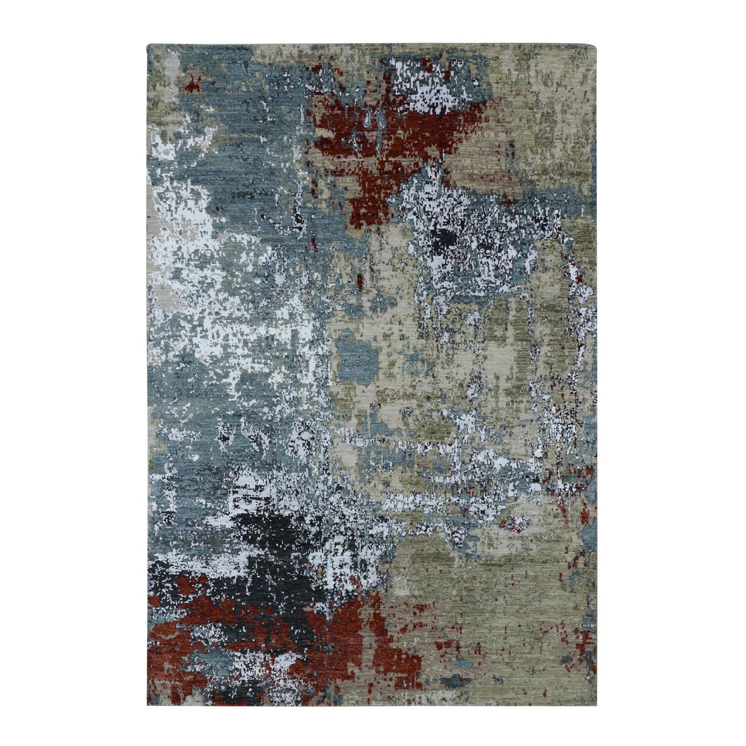 6'1x9' Beige with Light Blue, Hand Knotted Abstract Design, Densely Woven Persian Knot, Soft Wool, Oriental Rug FWR498534