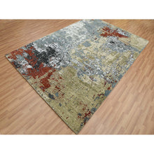 Load image into Gallery viewer, 6&#39;1x9&#39; Beige with Light Blue, Hand Knotted Abstract Design, Densely Woven Persian Knot, Soft Wool, Oriental Rug FWR498534