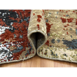 6'1x9' Beige with Light Blue, Hand Knotted Abstract Design, Densely Woven Persian Knot, Soft Wool, Oriental Rug FWR498534
