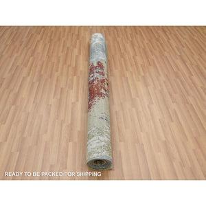 6'1x9' Beige with Light Blue, Hand Knotted Abstract Design, Densely Woven Persian Knot, Soft Wool, Oriental Rug FWR498534