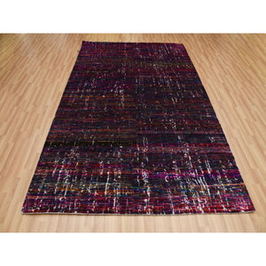 5'10"x9' Dark Magenta, Dense Weave Persian Knot, Sari Silk with Textured Pile Hand Knotted, Contemporary Design, Oriental Rug FWR498546