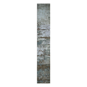 2'6"x20'3" Ash Gray, Hand Knotted Abstract Design, Dense Weave Persian Knot, Pure Wool, XL Runner Oriental Rug FWR498594