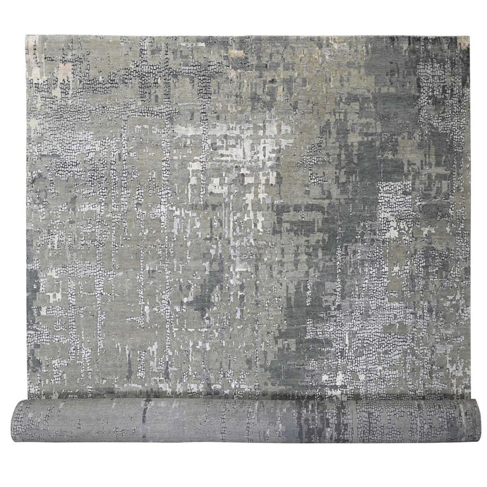 14'x18' Taupe, Abstract with Mosaic Design Dense Weave, Wool and Silk Hand Knotted, Oversized Persian Knot Oriental Rug FWR504186