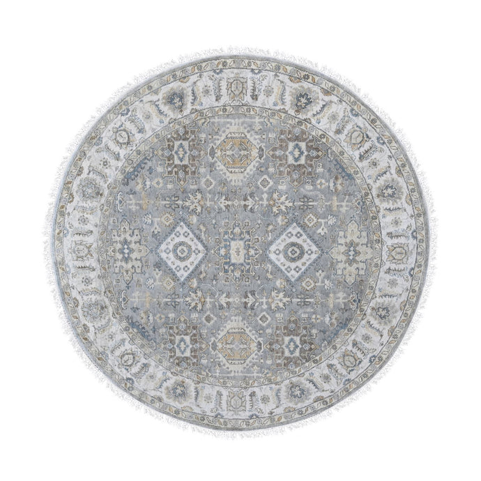 7'x7' Gray and Ivory, Hand Knotted Karajeh Design with Geometric Medallion, Extra Soft Wool, Round Oriental Rug FWR504342