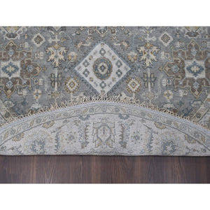 7'x7' Gray and Ivory, Hand Knotted Karajeh Design with Geometric Medallion, Extra Soft Wool, Round Oriental Rug FWR504342