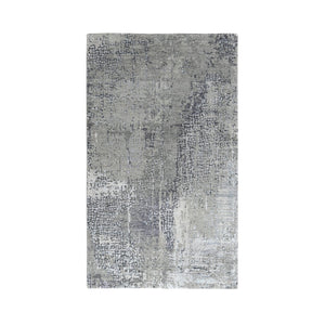 4'2"x6' Taupe, Abstract with Mosaic Design, Hand Knotted, Wool and Silk, Dense Weave, Persian Knot, Oriental Rug FWR504696