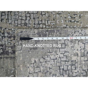 4'2"x6' Taupe, Abstract with Mosaic Design, Hand Knotted, Wool and Silk, Dense Weave, Persian Knot, Oriental Rug FWR504696