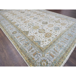 11'10"x17'10" Ivory and Gray, Pure Wool Hand Knotted, Karajeh Design with Tribal Medallions, Oversized Oriental Rug FWR504702