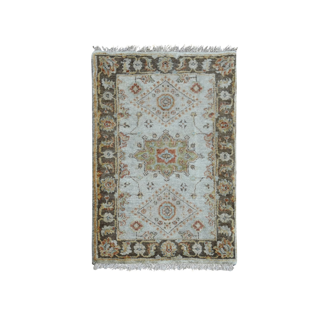 2'x3' Light Gray, Karajeh Design with Tribal Medallions, Pure Wool Hand Knotted, Mat Oriental Rug FWR504876