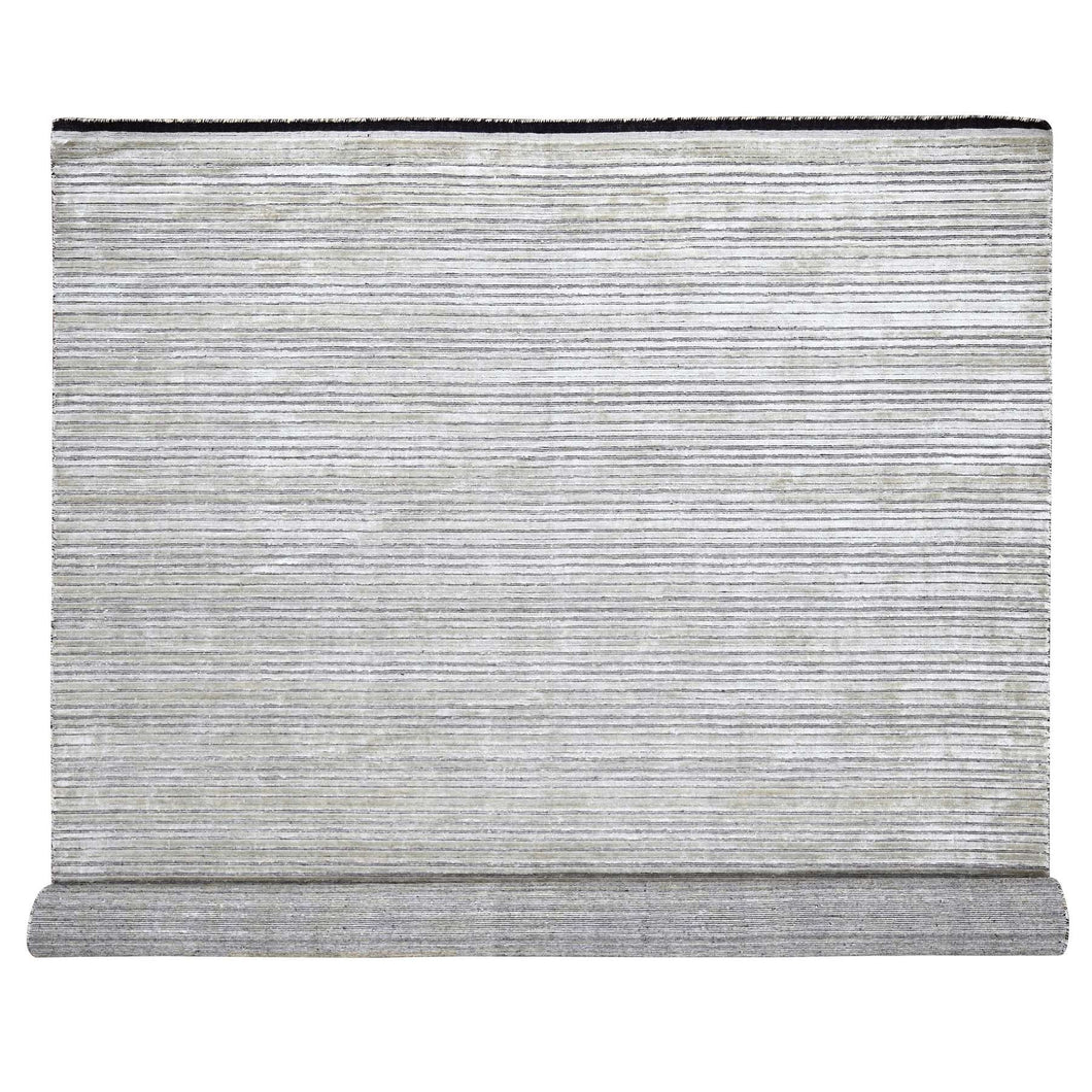 10'x14' Taupe, Modern Textured and Variegated Line Design, Wool and Plant Based Silk, Hand Loomed, Oriental Rug FWR504990