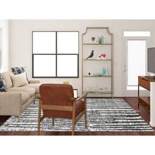 Load image into Gallery viewer, 9&#39;1&quot;x11&#39;8&quot; Black and Ivory, Modern Vertical Broken Stripe Design, Plush Pile, Organic Undyed Wool, Hand Knotted, Oriental Rug FWR505080