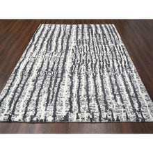 Load image into Gallery viewer, 9&#39;1&quot;x11&#39;8&quot; Black and Ivory, Modern Vertical Broken Stripe Design, Plush Pile, Organic Undyed Wool, Hand Knotted, Oriental Rug FWR505080