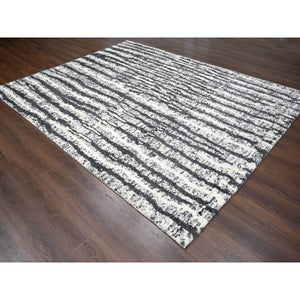 9'1"x11'8" Black and Ivory, Modern Vertical Broken Stripe Design, Plush Pile, Organic Undyed Wool, Hand Knotted, Oriental Rug FWR505080