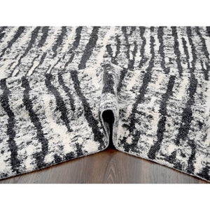 9'1"x11'8" Black and Ivory, Modern Vertical Broken Stripe Design, Plush Pile, Organic Undyed Wool, Hand Knotted, Oriental Rug FWR505080