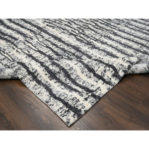 9'1"x11'8" Black and Ivory, Modern Vertical Broken Stripe Design, Plush Pile, Organic Undyed Wool, Hand Knotted, Oriental Rug FWR505080