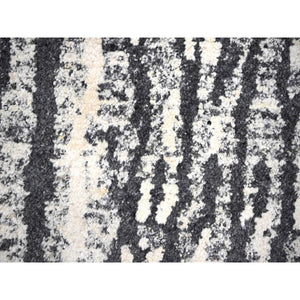 9'1"x11'8" Black and Ivory, Modern Vertical Broken Stripe Design, Plush Pile, Organic Undyed Wool, Hand Knotted, Oriental Rug FWR505080