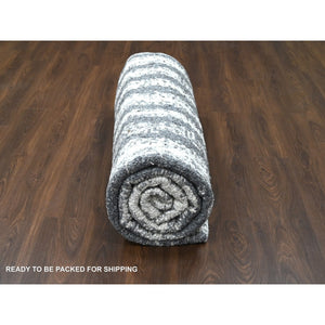 9'1"x11'8" Black and Ivory, Modern Vertical Broken Stripe Design, Plush Pile, Organic Undyed Wool, Hand Knotted, Oriental Rug FWR505080