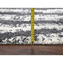 Load image into Gallery viewer, 9&#39;1&quot;x11&#39;8&quot; Black and Ivory, Modern Vertical Broken Stripe Design, Plush Pile, Organic Undyed Wool, Hand Knotted, Oriental Rug FWR505080