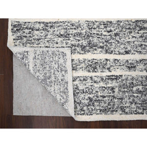 9'4"x11'10" Black and Ivory, Modern Striae Design, Hand Knotted, Plush Pile, Densely Woven, Organic Undyed Wool, Oriental Rug FWR505092