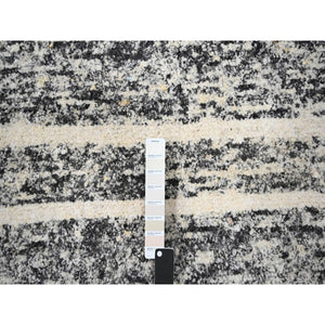 9'4"x11'10" Black and Ivory, Modern Striae Design, Hand Knotted, Plush Pile, Densely Woven, Organic Undyed Wool, Oriental Rug FWR505092
