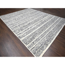 Load image into Gallery viewer, 12&#39;x14&#39;9&quot; Black and Ivory, Modern Striae Design, Hand Knotted, Plush Pile, Densely Woven, Organic Undyed Wool, Oversized Oriental Rug FWR505104