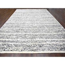 Load image into Gallery viewer, 12&#39;4&quot;x18&#39; Black and Ivory, Modern Striae Design, Thick and Plush, Organic Undyed Wool, Hand Knotted, Oversized Oriental Rug FWR505110