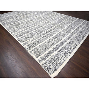 12'4"x18' Black and Ivory, Modern Striae Design, Thick and Plush, Organic Undyed Wool, Hand Knotted, Oversized Oriental Rug FWR505110