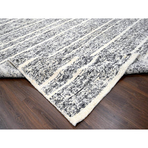 12'4"x18' Black and Ivory, Modern Striae Design, Thick and Plush, Organic Undyed Wool, Hand Knotted, Oversized Oriental Rug FWR505110