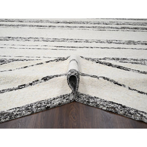 12'x17'9" Dark Brown and Ivory, Striae Design, Plush Pile, Organic Undyed Wool, Hand Knotted, Oversized Oriental Rug FWR505140