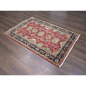 4'1"x6' Red and Black, Karajeh Design, Organic Wool, Hand Knotted, Oriental Rug FWR505566