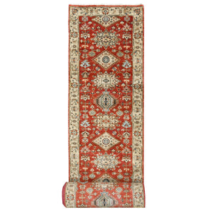 2'10"x24'9" Red and Gold, Karajeh Design, with Geometric Medallions, Extra Soft Wool, Hand Knotted, XL Runner Oriental Rug FWR505578