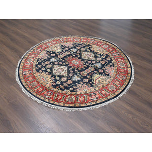 6'x6' Black and Red, Karajeh Design with All Over Pattern, Hand Knotted, 100% Wool, Round Oriental Rug FWR505584