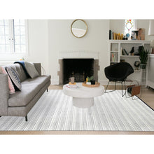 Load image into Gallery viewer, 9&#39;x12&#39;1&quot; Black and Ivory, Modern Textured and Variegated Line Design, Wool and Plant Based Silk, Hand Loomed, Oriental Rug FWR505680