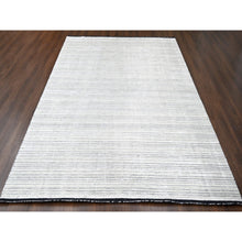 Load image into Gallery viewer, 9&#39;x12&#39;1&quot; Black and Ivory, Modern Textured and Variegated Line Design, Wool and Plant Based Silk, Hand Loomed, Oriental Rug FWR505680