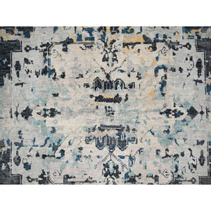 8'10"x12' Ivory and Blue, Hand Knotted, Densely Woven, Pure Wool, Erased Persian Serapi Heriz Design, Oriental Rug FWR505812