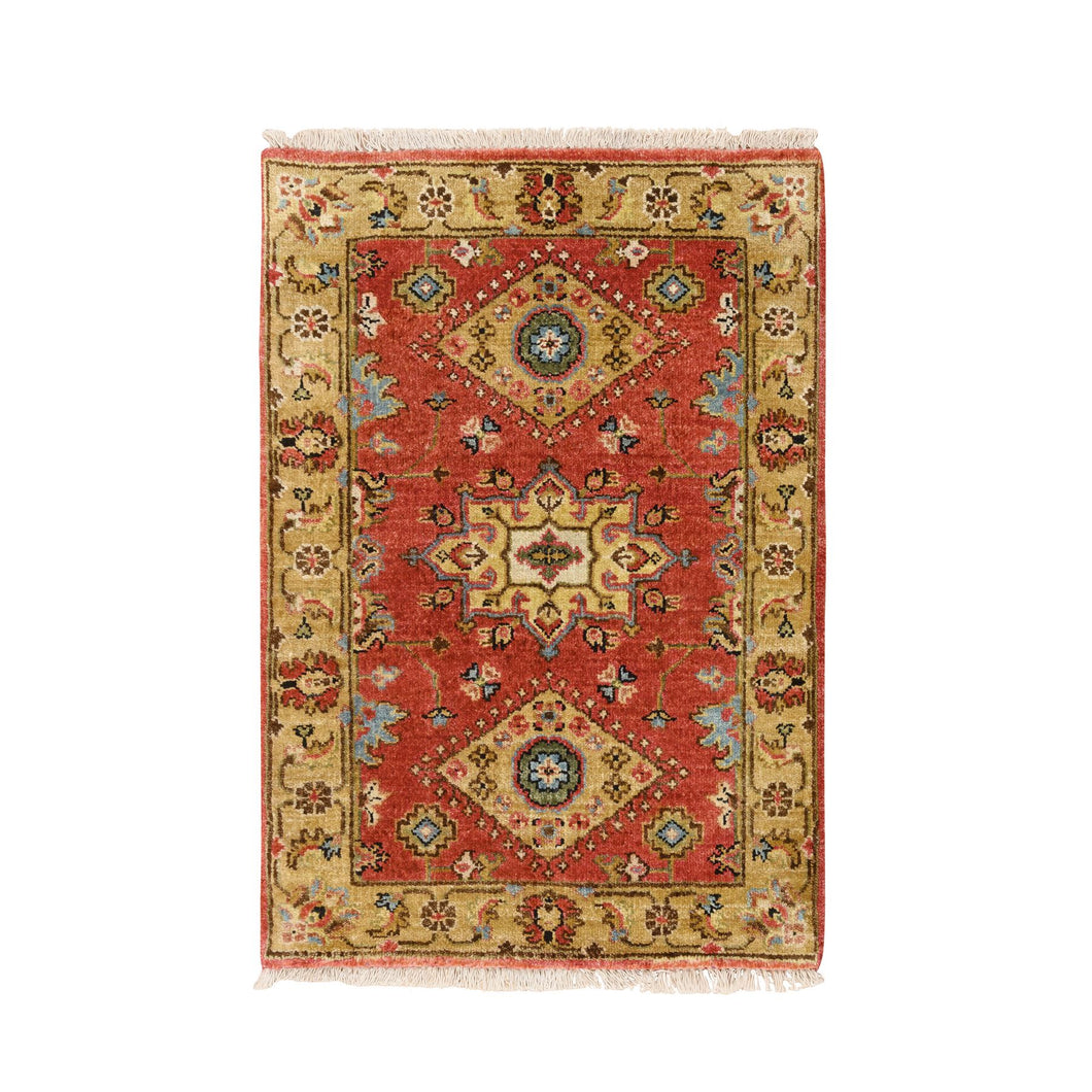 2'x3' Red and Beige, Organic Wool, Karajeh Design, Hand Knotted, Oriental Rug FWR505836
