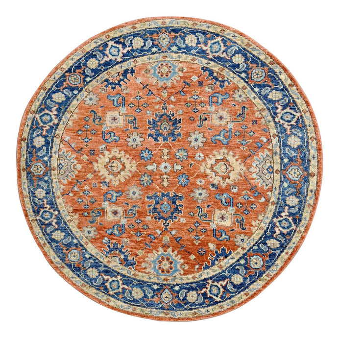 8'x8' Rust Orange and Blue, All over Mahal Design, Supple Collection, Organic Wool, Hand Knotted, Round Oriental Rug FWR506112