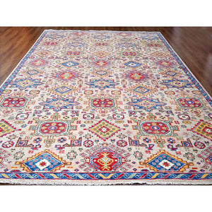 12'x17'9" Camel with Blue, Karajeh Heriz Geometric Design, Thick and Plush, Pure Wool, Supple Collection, Hand Knotted, Oversize Oriental Rug FWR506334