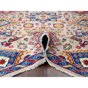 12'x17'9" Camel with Blue, Karajeh Heriz Geometric Design, Thick and Plush, Pure Wool, Supple Collection, Hand Knotted, Oversize Oriental Rug FWR506334