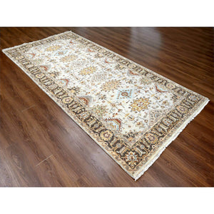 6'1"x11'10" Beige and Brown, Karajeh Design with Geometric Medallion, Hand Knotted, Vegetable Dyes, Extra Soft Wool, Wide Gallery Runner Oriental Rug FWR506454