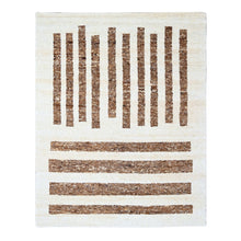 Load image into Gallery viewer, 8&#39;2&quot;x9&#39;10&quot; Leather Brown and Ivory, 100% Wool, Minimalist Stripe Design, Soft and Vibrant Pile, Hand Knotted, Oriental Rug FWR506652