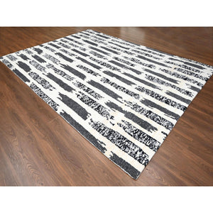 10'2"x13'7" Ivory and Black, Organic Undyed Wool, Natural Dyes, Thick and Plush, Modern Erased Column Design, Hand Knotted, Oriental Rug FWR506658
