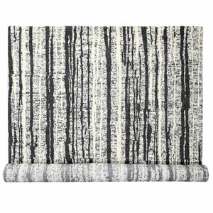 12'x14'9" Black with Ivory, Hand Knotted, Modern Vertical Broken Stripe Design, Organic Undyed Wool, Soft and Vibrant Pile, Oversize Oriental Rug FWR506676